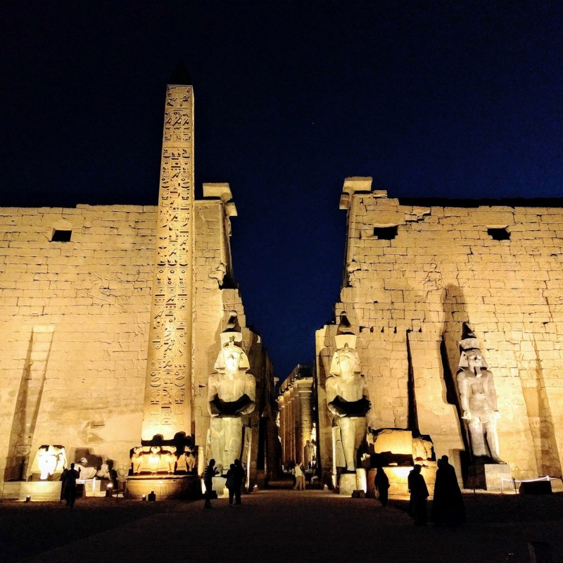 The entrance to Egypt's Luxor Temple at night