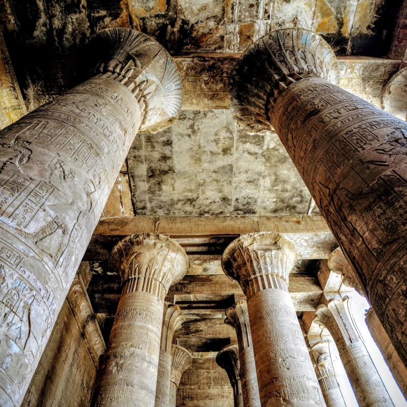 View to the pillars and ceiling of Egypt's Edfu Temple